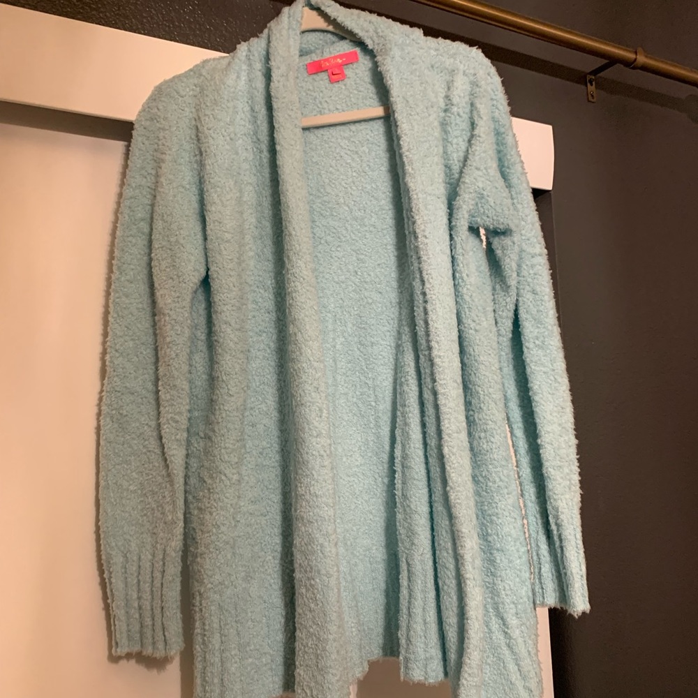 Like new Lilly Pulitzer fuzzy cardigan in light blue. Size small.